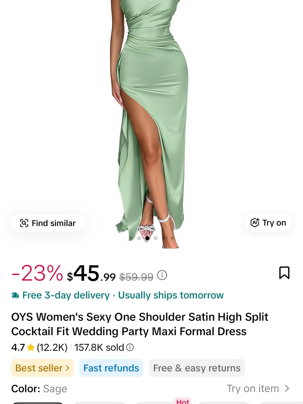 Sage One-Shoulder Satin High-Slit Dress